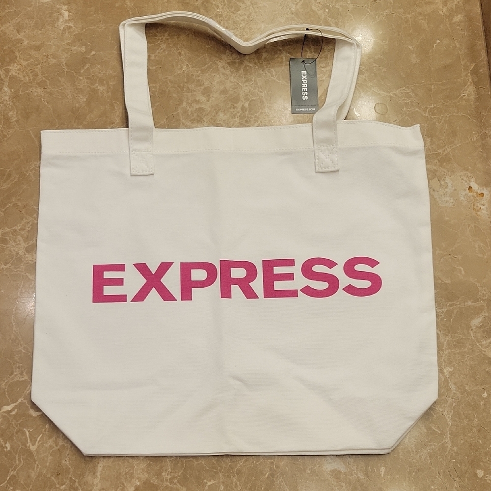 Express White and Pink Canvas Tote Bag,  14x16